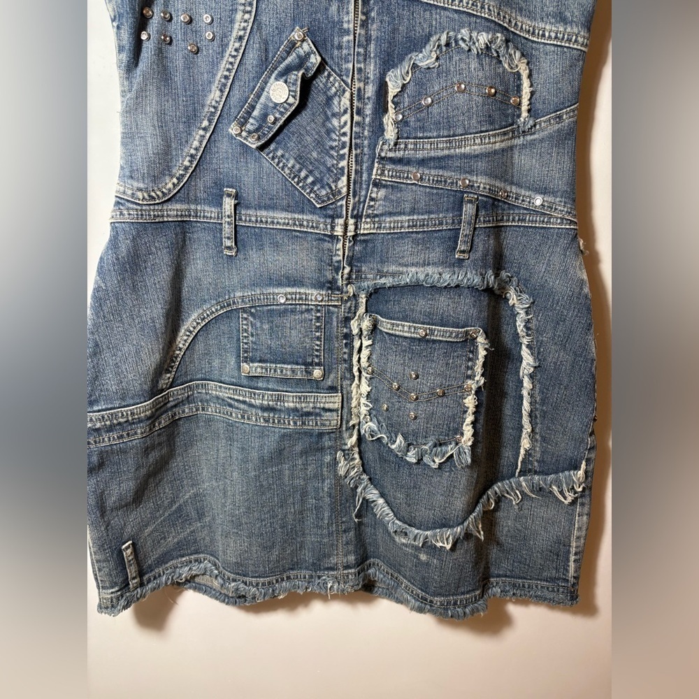 Deadstock Vtg 90s Y2K Platinum Plush Denim Patchwork Studded Jean Mini Dress - Picture 9 of 10